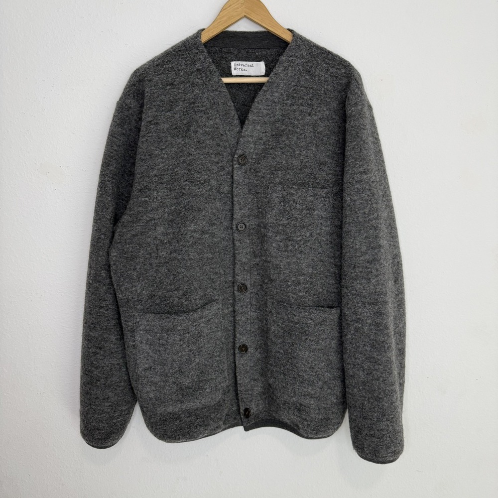 UNIVERSAL WORKS Mens Grey Wool Fleece Marled Cardigan Jacket Button Down XL